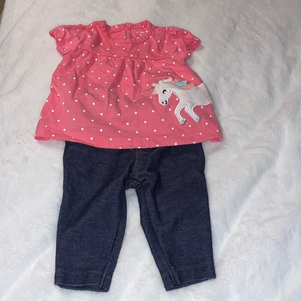 Carter’s pink unicorn shirt with polkadots and jeggings size 3 month